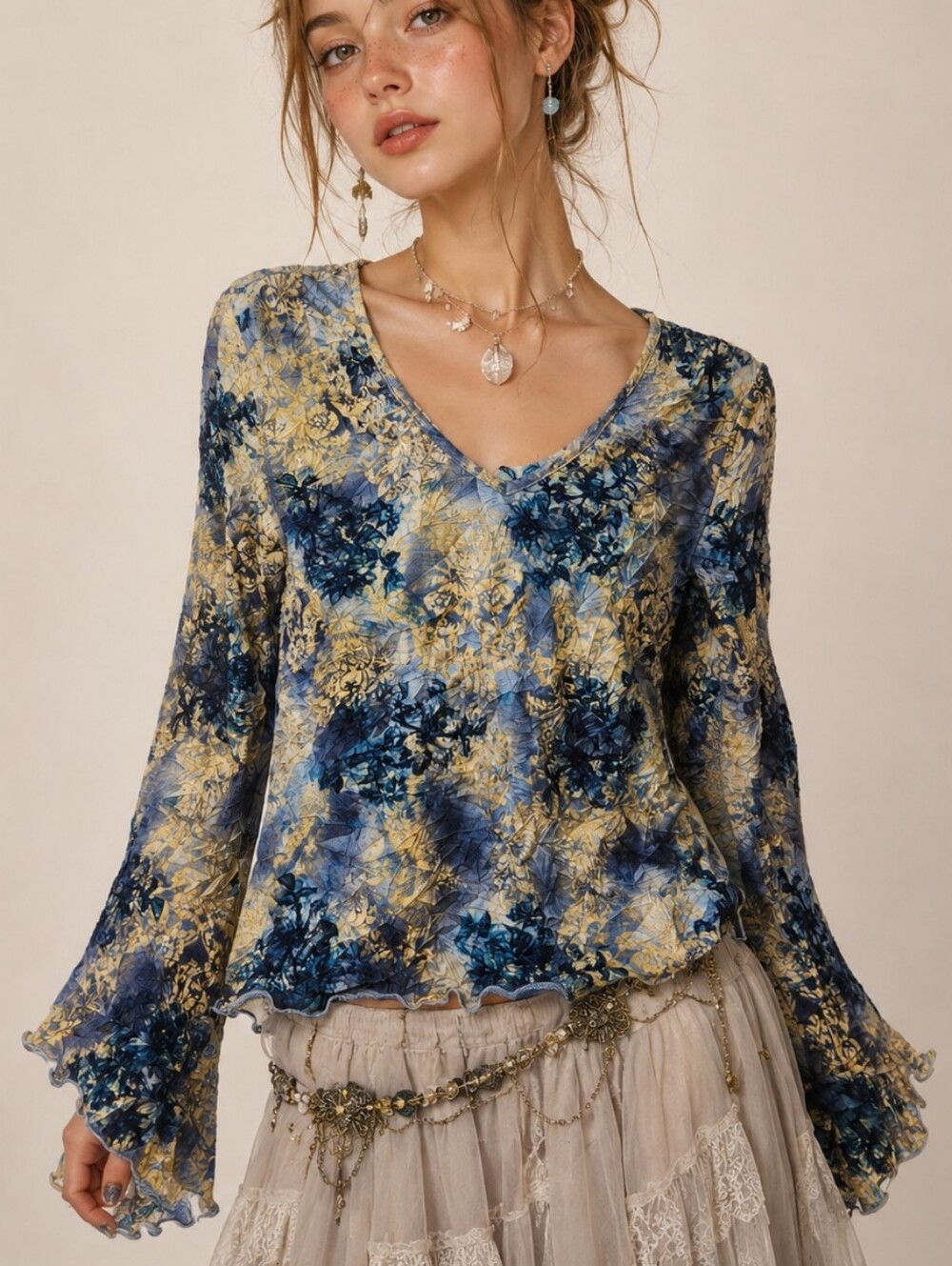 Vintage Industry Supply Co. Fairycore Floral Ruffle Top Size L Watercolor Blouse